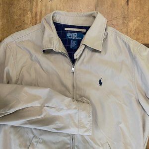 Vintage Ralph Lauren Polo lightweight tan khaki jacket  100% polyester with blue